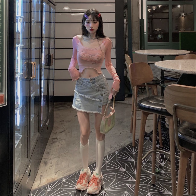 Áo Thun Tay Dài Hở Rốn Ôm Dáng In Hình Mèo Dễ Thương Thời Trang Mùa Thu Cho Nữ