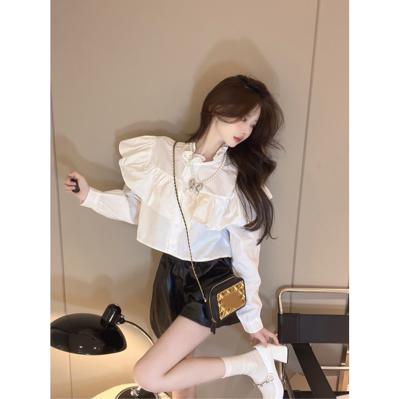 Áo Sơ Mi Tay Dài Rộng Cổ Thắt Dây Eo Cao Phong Cách Mới Dành Cho Nữ