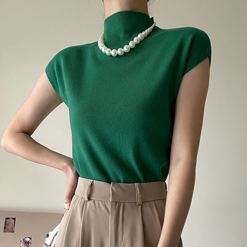 Áo dệt kim SUXI không tay cổ cao ôm dáng thời trang mùa hè cho nữ