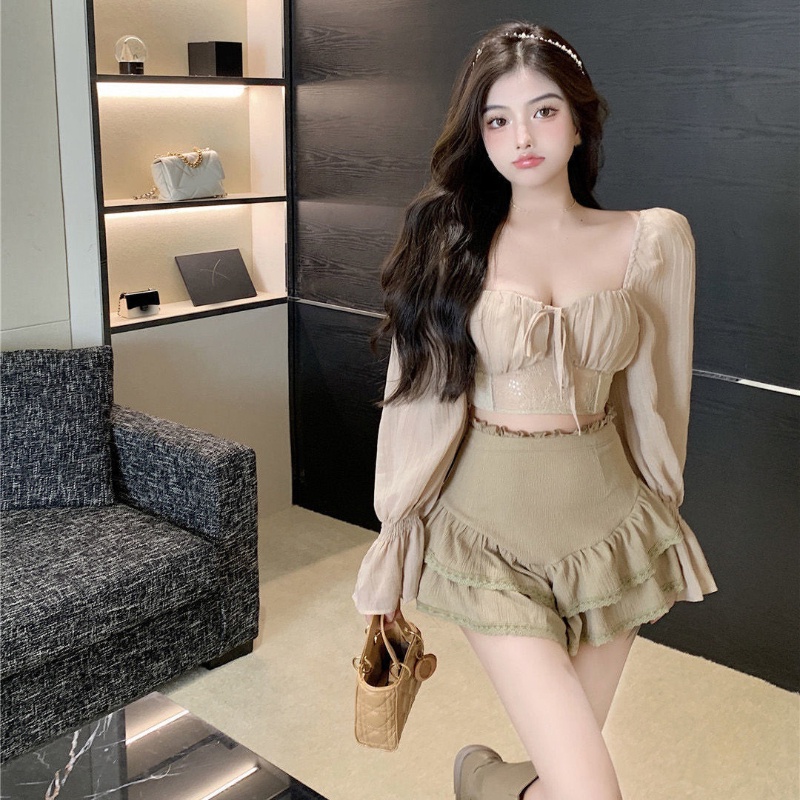 COZOK Áo Kiểu Tay Dài Phối Ren Thời Trang Nữ Tính