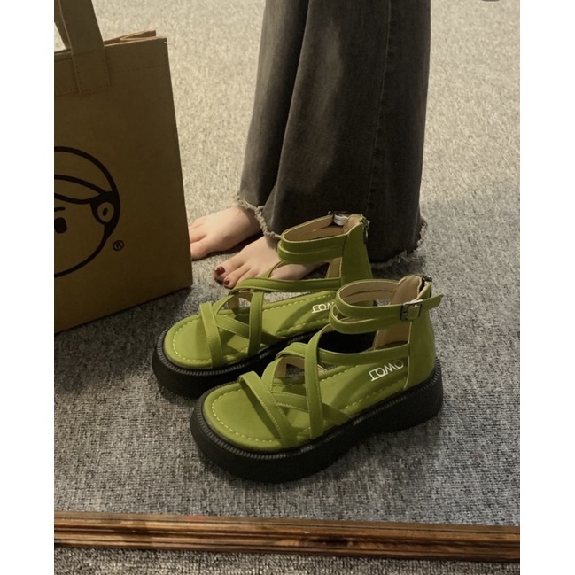 Giày sandal đan dây chéo khóa kéo cổ cao chất da pu cao cấp chuẩn hàng quảng châu ulzzang