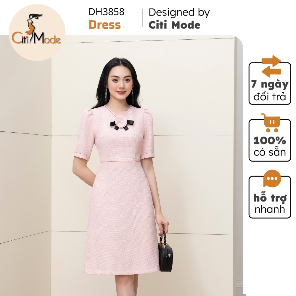 Đầm công sở CITI MODE FASHION thiết kế dáng A hồng tay lỡ phối cổ nơ DH3858