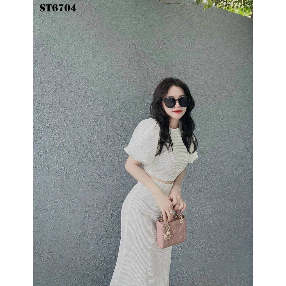 Set đồ nữ đi chơi cá tính dễ thương, set 2 món chân váy dài kèm áo kiểu nữ mix tay phồng xinh xắn