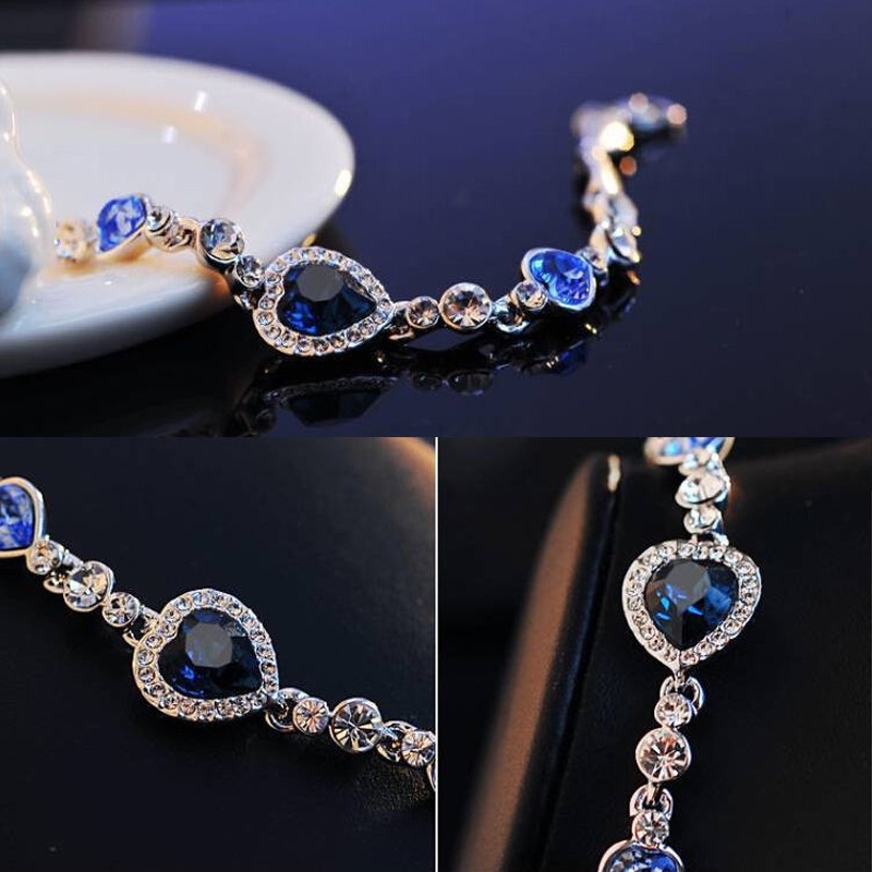 Vòng Tay Bạc Mặt Hình Trái Tim Màu Xanh Dương Lấp Lánh Thời Trang Cho Nữ