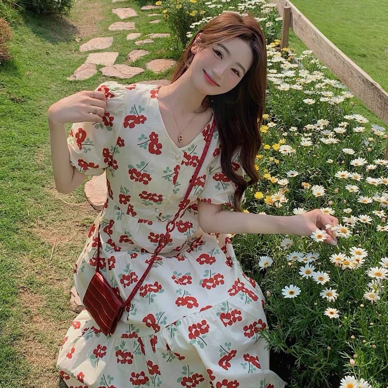 Váy Hoa Dáng Dài Xoè 2 Lớp Cổ V Cúc Ngọc Thắt Nơ Lưng Phong Cách Hàn Quốc (Loại 1) Đầm Hoa Nhí Cổ V