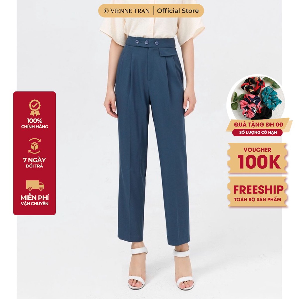 Quần ống đứng nữ ly xếp, nắp túi giả - Quần tây công sở thanh lịch 2 màu đen xanh cổ vịt VIENNE TRAN V64T21Q004