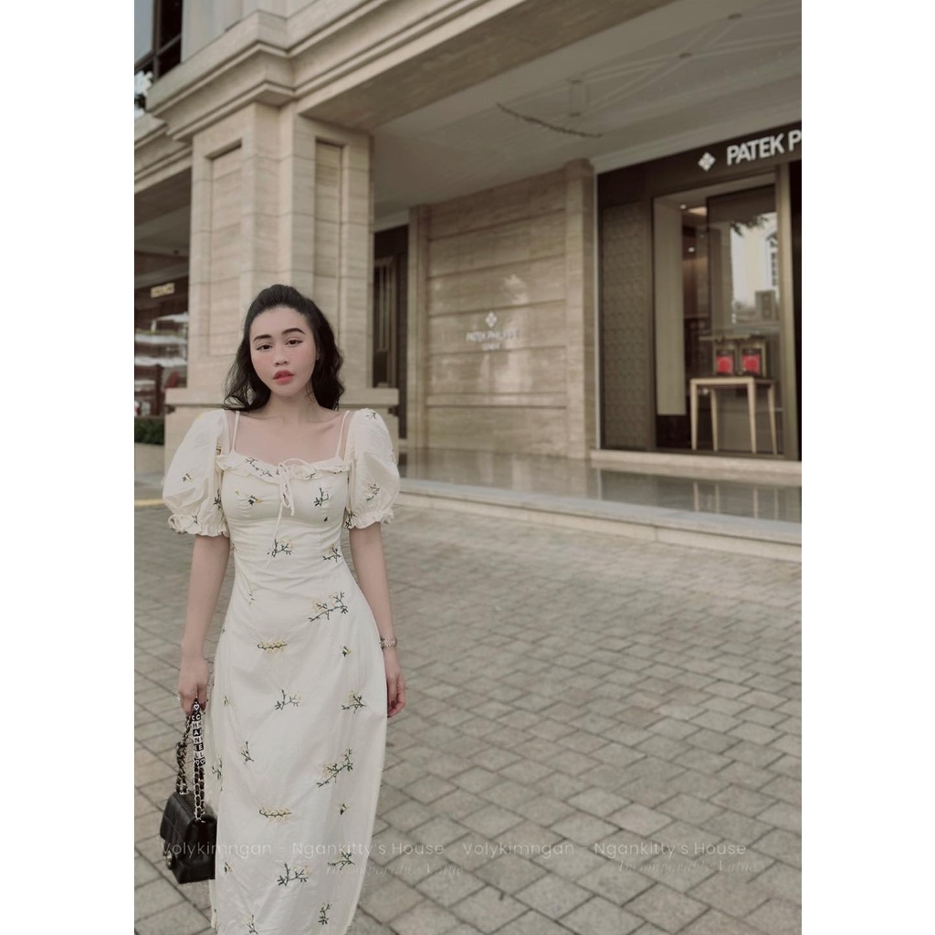 Váy tay phồng hoa thêu rút dây