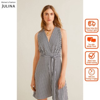 Đầm suông cổ V thắt lưng kẻ sọc MNG SIZE L