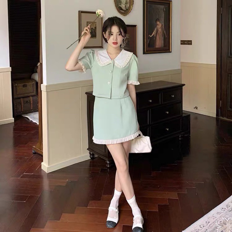 A33 SET VÁY XỐP BÈO XANH BƠ QC CHẤT ĐẸP