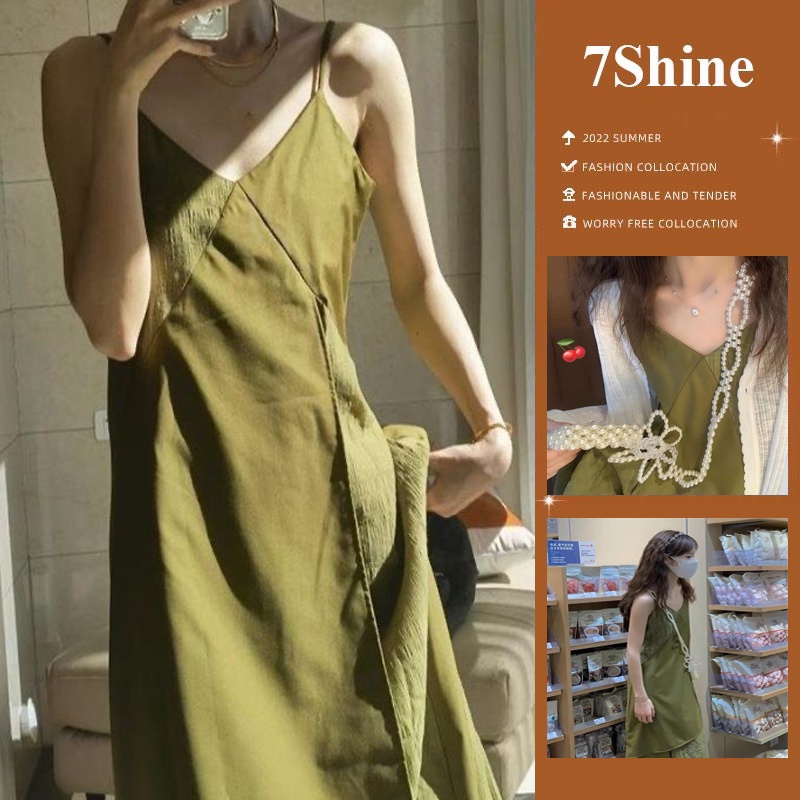 Đầm hai dây dáng dài xanh Picke vintage xinh xắn đi chơi dự tiệc - 7shine