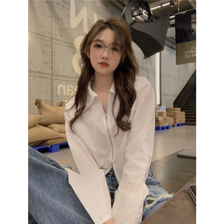 COZOK Áo Sơ Mi Dài Tay Màu Trơn Phối Khóa Kéo Thời Trang