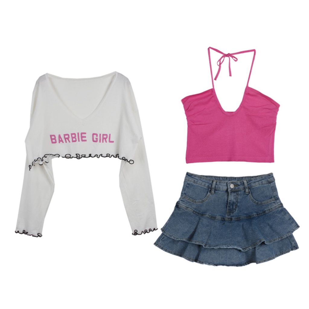 Áo croptop nữ BARBIE GIRL màu hồng và trắng ,Áo dài tay phong cách Đường Phố | BigBuy360 - bigbuy360.vn