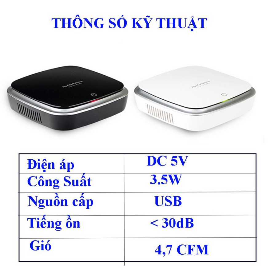 Máy lọc không khí ô tô, xe hơi, chống say xe, lọc bỏ khói và bụi mịn PM2.5 và tạo ion và khử mùi hôi - Bảo hành 6 Tháng.