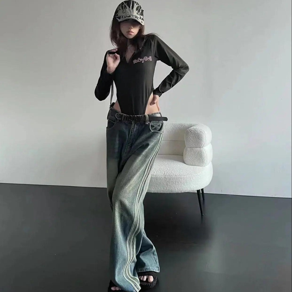 Quần Jean Ống Rộng Họa Tiết Kẻ Sọc Phong Cách Âu Mỹ Cho Nữ