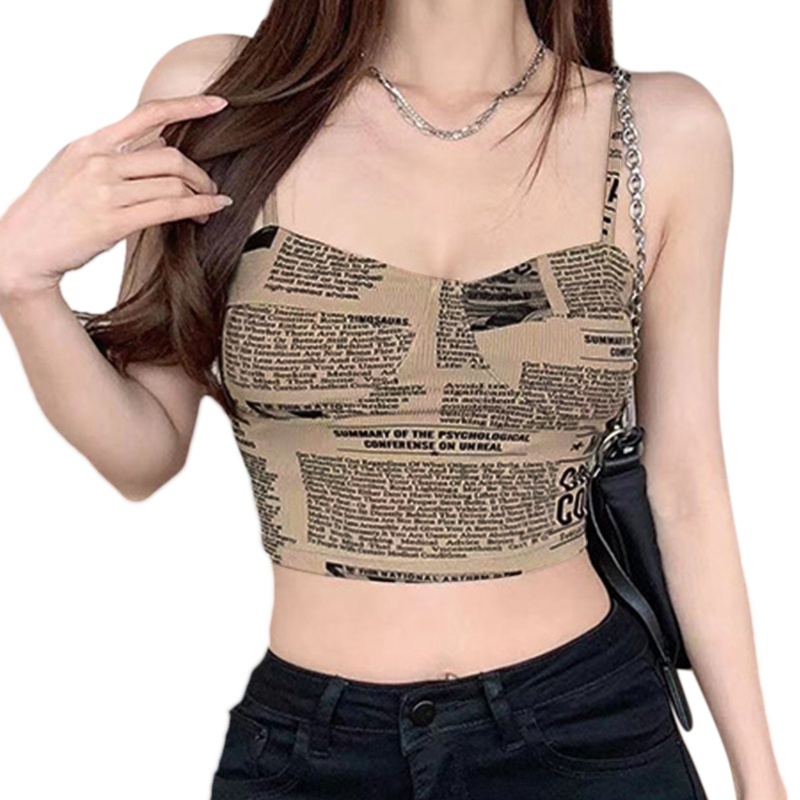Youyo Áo Croptop Hai Dây Có Đệm Nâng Ngực In Họa Tiết Báo Giấy Cổ Điển Gợi Cảm Harajuku Cho Nữ