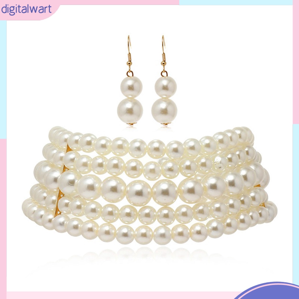 [DIWA] Bộ Vòng cổ + Bông Tai Ngắn Nhiều Lớp Đính Hạt Ngọc Trai Giả Thời Trang Dành Cho Cô Dâu