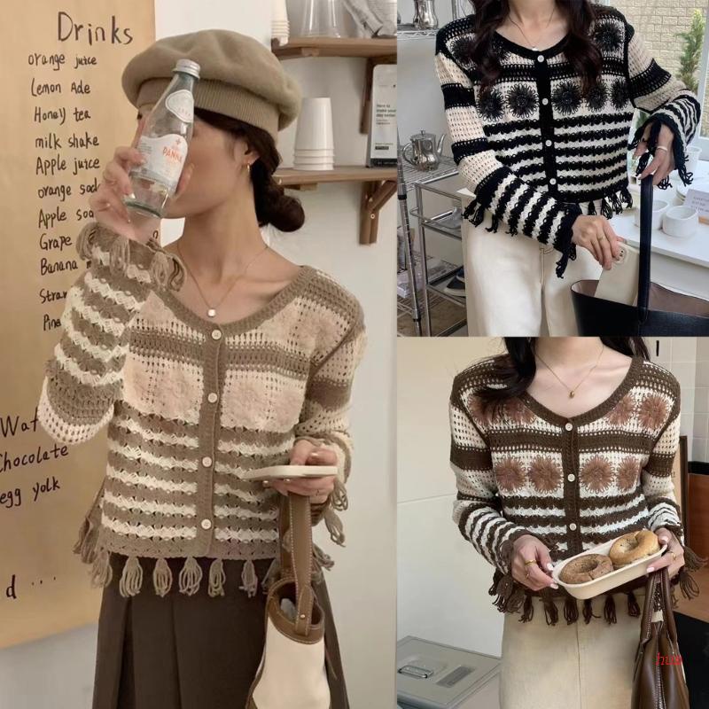 Áo Khoác Cardigan Dệt Kim Tay Dài Kẻ Sọc Đính Nút Và Tua Rua Cho Nữ