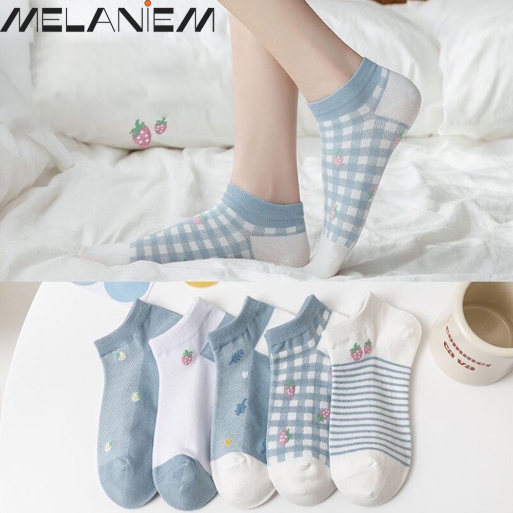 Set 5 Đôi Vớ Cotton Cổ Thấp Mềm Mại Thoải Mái Thoáng Khí In Họa Tiết Dâu Tây Màu Xanh Dương Thời Trang Mùa Hè Cho Nữ