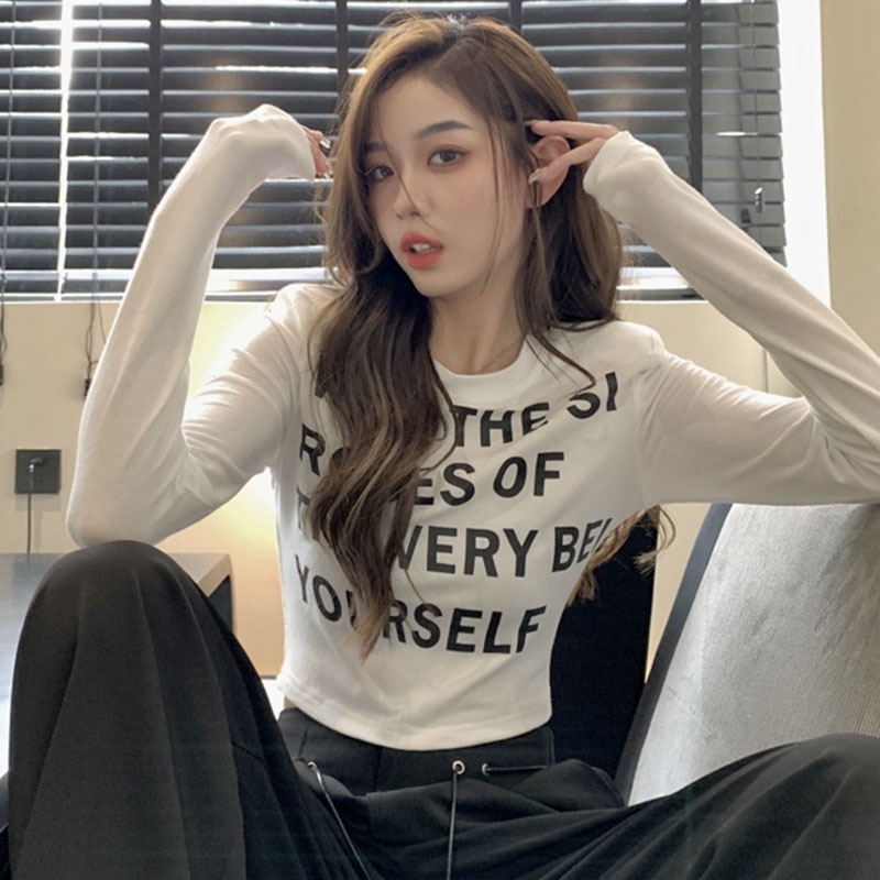 Áo thun XINLANYASHE tay dài cổ tròn in chữ phong cách Hàn Quốc dành cho nữ