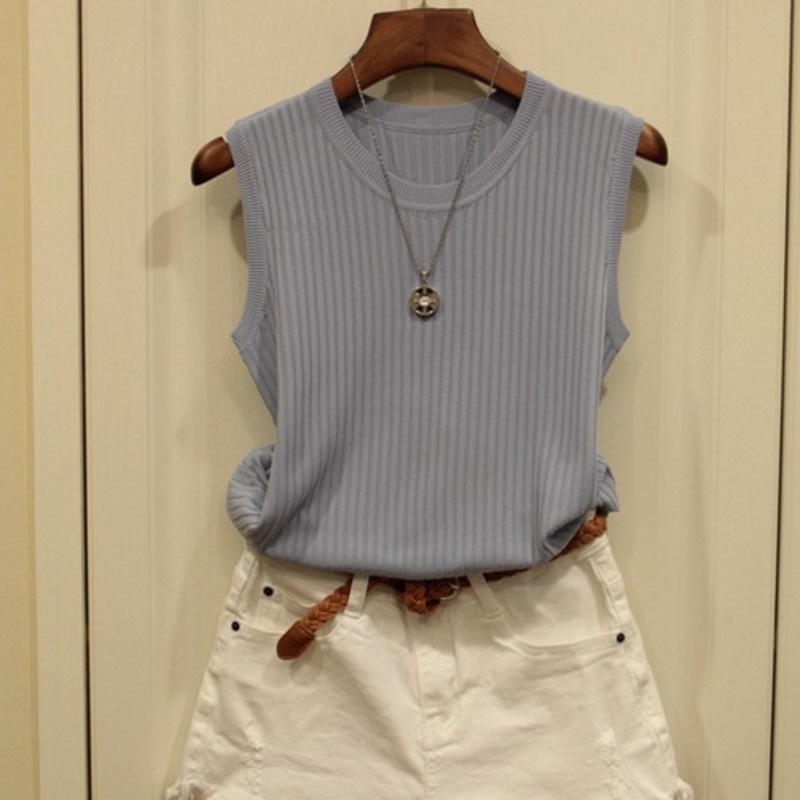 Áo Dệt Kim Sát Nách Cổ Tròn Màu Trơn Đơn Giản Dễ Phối Đồ Thời Trang Mùa Hè