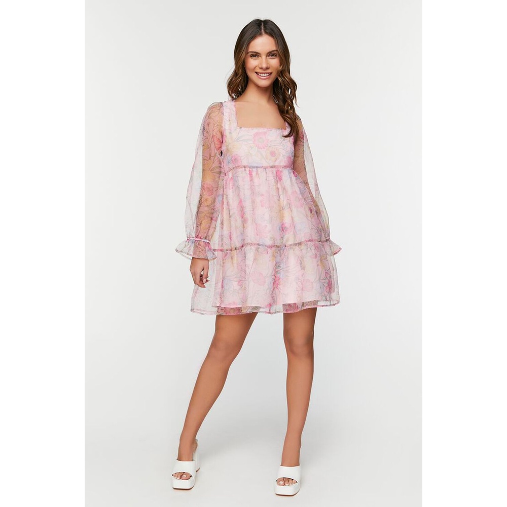 Đầm hoa Babydoll tay bồng - Organza Floral Babydoll Mini Dress