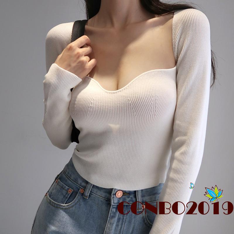 Áo Croptop Dệt Kim Tay Dài Màu Sắc Đơn Giản Cho Nữ