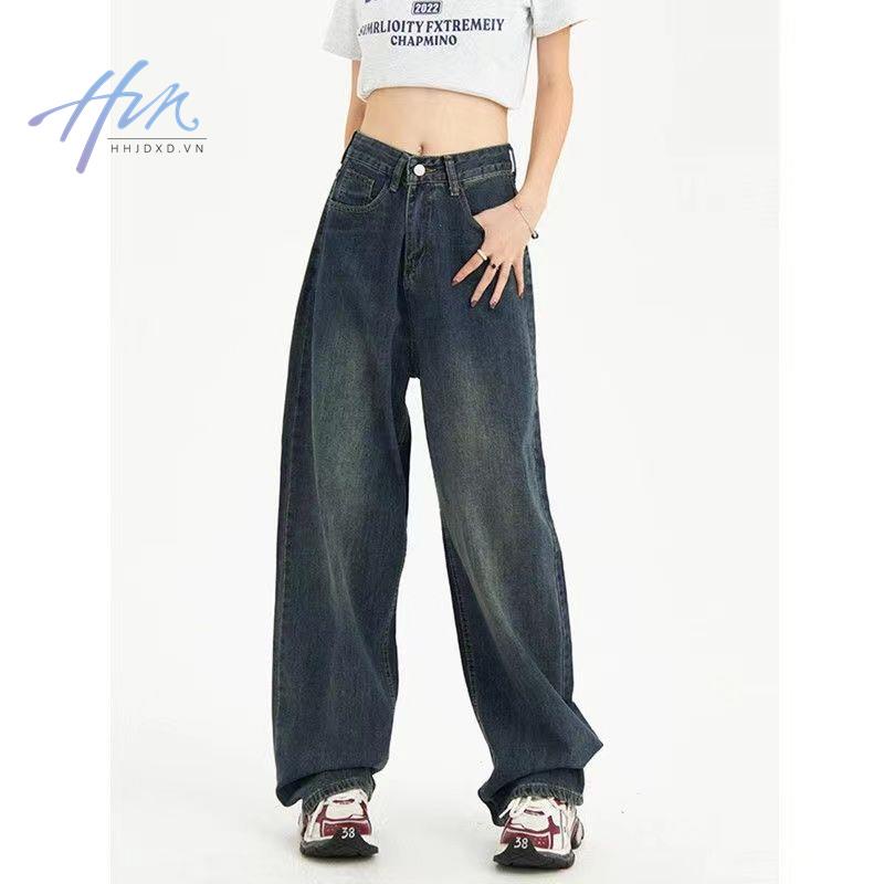 Quần Jean Lưng Cao Ống Rộng Màu Xanh Dương Phong Cách Retro Thời Trang Thu Đông Mới Cho Nữ