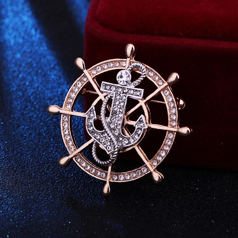 Ghim Cài Áo Hình Mỏ Neo Bánh Lái Xe Hai Màu Cao Cấp Phong Cách Hải Quân Cho Nam