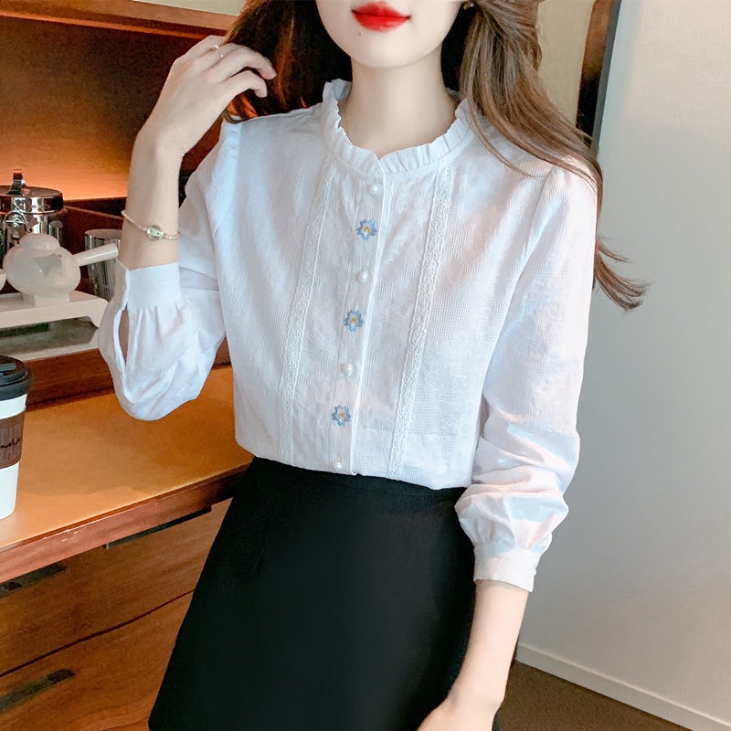 ICE Cotton Younger Fashion Embroidered Jacquard Cotton Shirt Women's Western Style Cotton Wooden Ear Collar Top