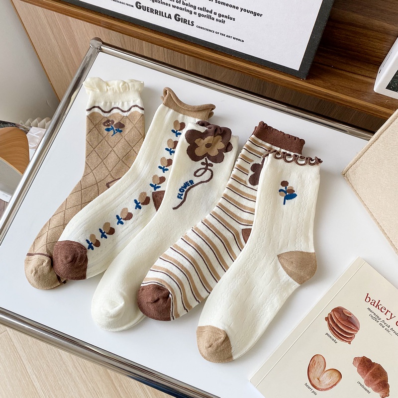 Vớ Cotton Cổ Vừa Họa Tiết Hoa Tulip Dễ Thương Thời Trang Xuân Hè Cho Nữ