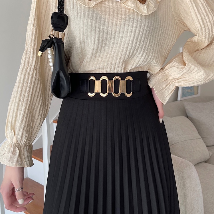 Chân Váy Chữ a Xếp Ly Lưng Cao Màu Trơn Phối Khóa Kim Loại Thời Trang Mùa Xuân Phong Cách Hàn Quốc Cho Nữ