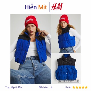 H&M Đức - Áo ghile phao chần bông dáng ngắn cổ cao nút khuy bấm hai túi màu xanh sale auth new cao cấp 1108833001