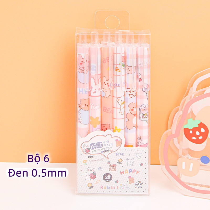 Set 6 Bút Mực Nước Ngòi 0.5Mm In Họa Tiết Hoạt Hình Dễ Thương