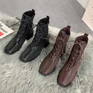 Boots len Ulzzang cổ ngắn đan dây gót vuông cao 4cm - Có ảnh thật