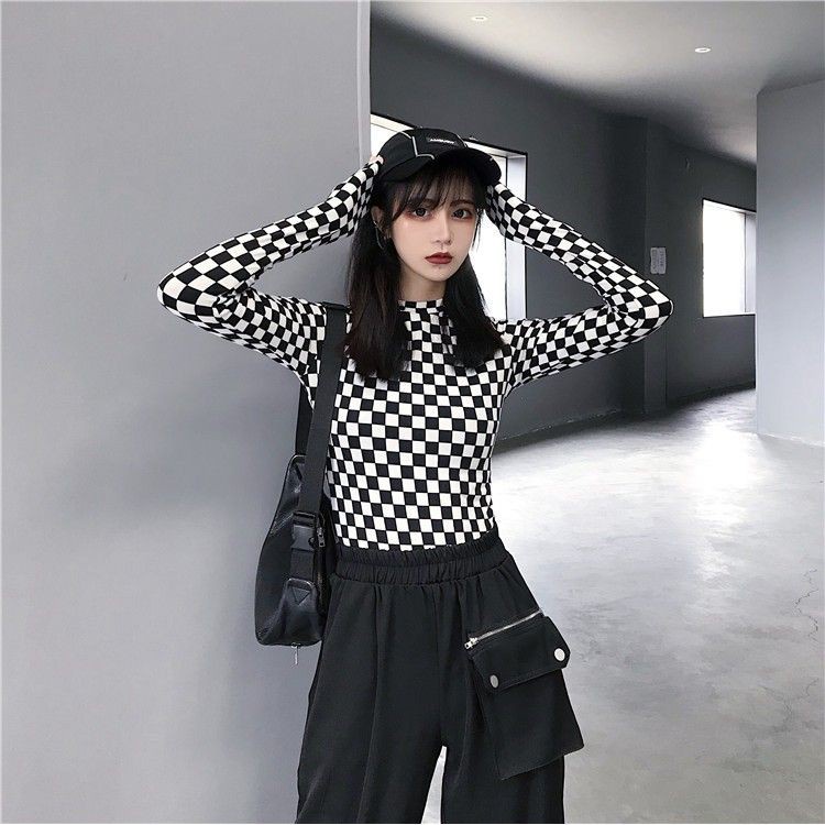 Áo sọc caro tay dài đen trắng ô độc lạ ulzzang