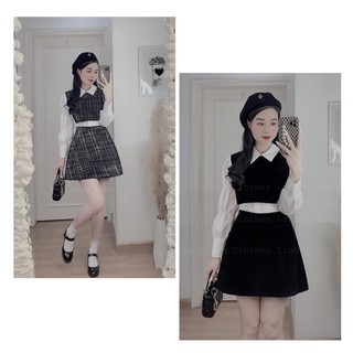 Set sơ mi trắng phối gile dạ + chân váy dạ ✨