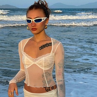 Áo thun tay dài cổ vuông phối ren lưới thời trang mùa hè 90s