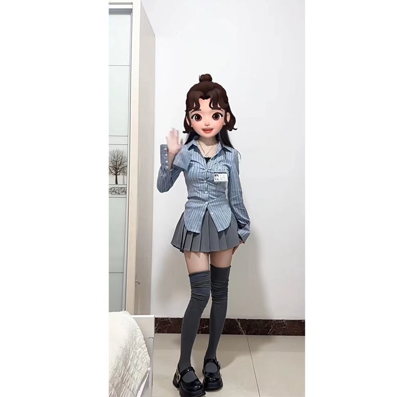 Set Áo Sơ Mi Kẻ Sọc + Chân Váy Xếp Ly Lưng Cao Màu Xám Thời Trang Cho Nữ