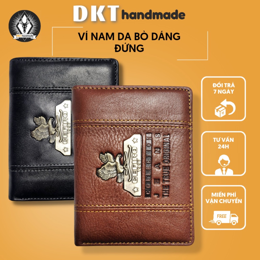 Ví nam da bò thật CEFIRO cao cấp, ví da nam dáng đứng nâu & đen logo đại bàng bằng đồng, kiểu dáng sang trọng có kèm hộp