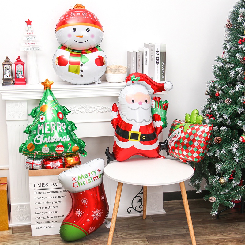 Bong Bóng Lá Nhôm Hình Ông Già Noel &amp; Vớ Giáng Sinh Trang Trí Nhà Cửa