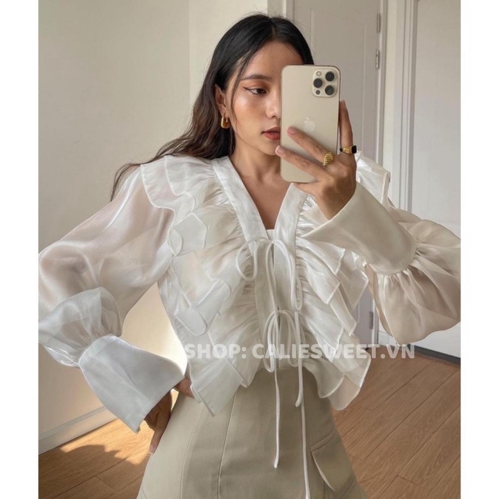 Áo sơ mi cổ bèo Caliesweet áo sơ mi dài tay nữ chất tơ bóng cao cấp CLS10001 | BigBuy360 - bigbuy360.vn