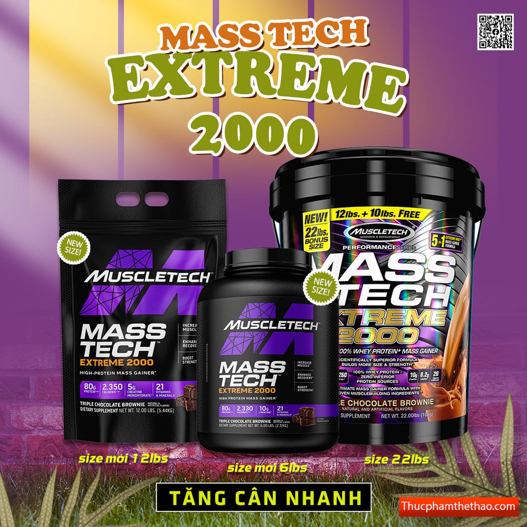 Sữa Tăng Cân NHANH Mass Tech Extreme 2000 12lbs - Thương hiệu MUSCLETECH USA - NHIỀU MÙI VỊ - KÈM QUÀ TẶNG