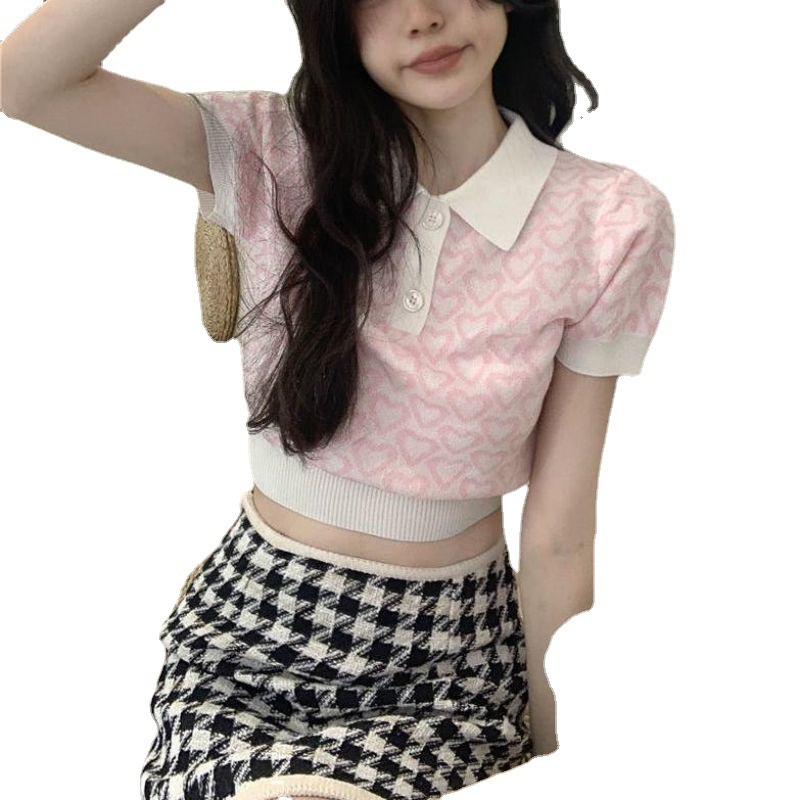 Áo polo Dệt Kim Tay Ngắn In Hình Trái Tim Thời Trang Mùa Hè 2023 Phong Cách Mới Dành Cho Bạn Gái