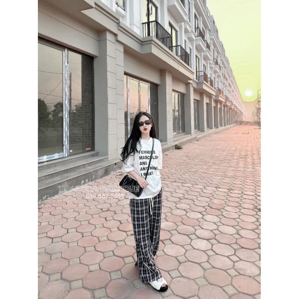 Set Bộ Đồ Nữ Áo Phông Thụng Tay Lỡ In Chữ Mix Quần Suông Kẻ Ống Rộng Freesize