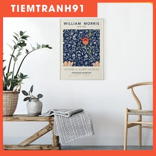 Tranh treo tường | Triễn lãm-William Morris - Blue Backgrounded RED Flower Pattern 03 , tranh canvas giá rẻ