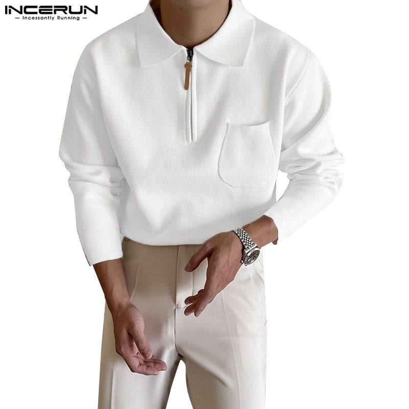 Áo dệt kim INCERUN tay dài phối khóa kéo phong cách cổ điển dành cho nam