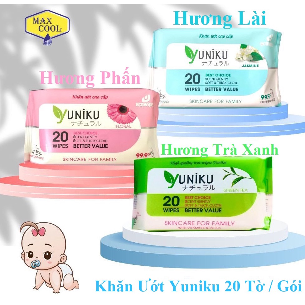 Khăn giấy ướt cao cấp Yuniku 20 TỜ  Hương Phấn/ Hương Lài / Hương Trà Xanh - HÀNG CHÍNH HÃNG MAX COOL