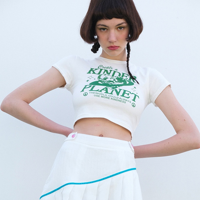 Áo Thun Croptop Tay Ngắn Cổ Tròn Dáng Ôm Vải Cotton In Họa Tiết Thời Trang Cho Nữ