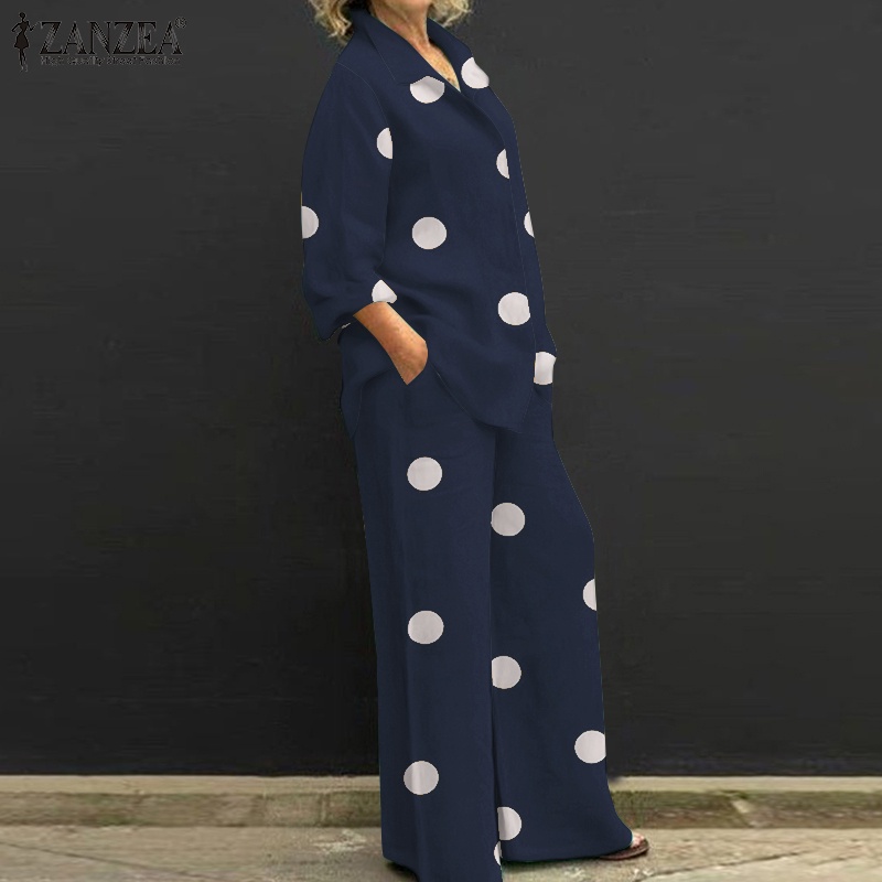 Zanzea Bộ Áo Sơ Mi Chấm Bi Dài Tay + Quần Dài Co Giãn Thời Trang Cho Nữ