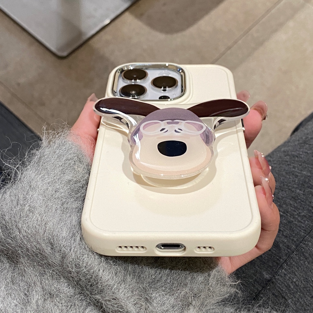 Ốp Điện Thoại Màu Trơn + Giá Đỡ Kim Loại Hình Chú Chó Dễ Thương Cho iPhone 14 13 12 11 Pro Max X Xs XR Xs Max 14 Plus